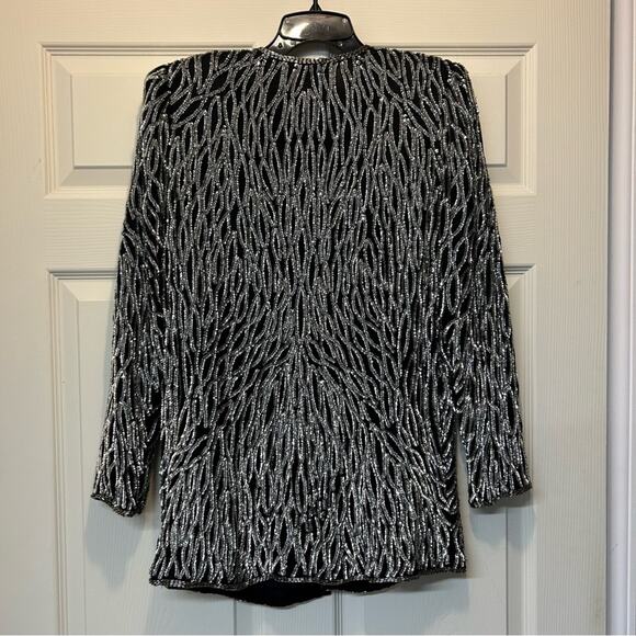 Laurence Kazar Sequin Beaded Top Cardigan 100% Silk Made in India Black Silver - Picture 2 of 5